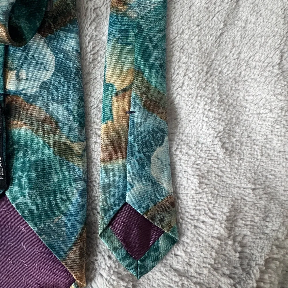 Geoffrey‎ Beene 100% Silk Made in USA Teal and Brown Tie for Men